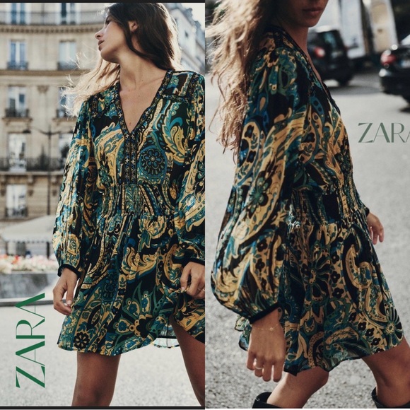 Zara Dresses & Skirts - Zara Black and Teal Paisley Sz XS Dress NWT